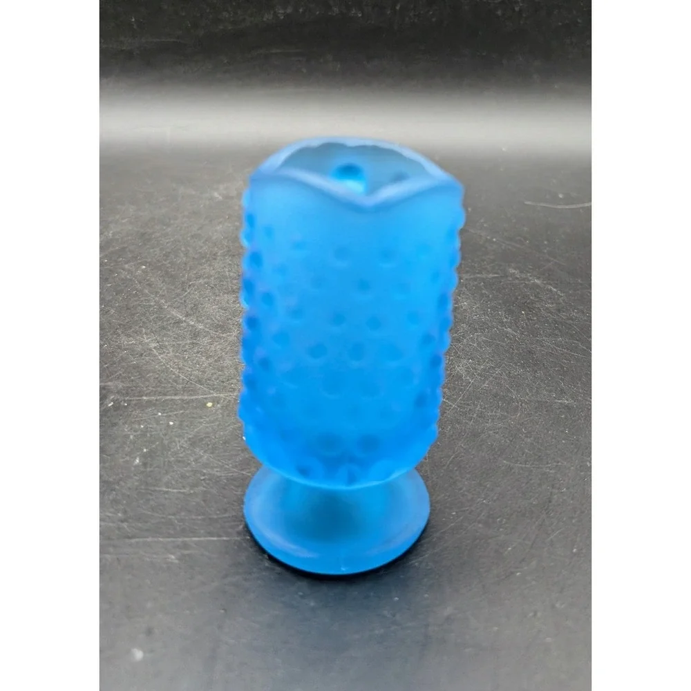 Blue Satin‎ Hobnail Glass Pitcher Creamer Footed Frosted Mid Century Modern 3